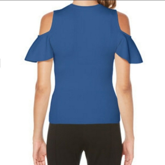 Laundry Shelli Segal Top Cut Out Shoulder Flutter Short Sleeve Knit Blue M NWT - Picture 5 of 8